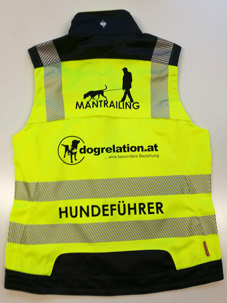 bedruckte Warnweste "Hundeführer" Mantrailing dogrelation